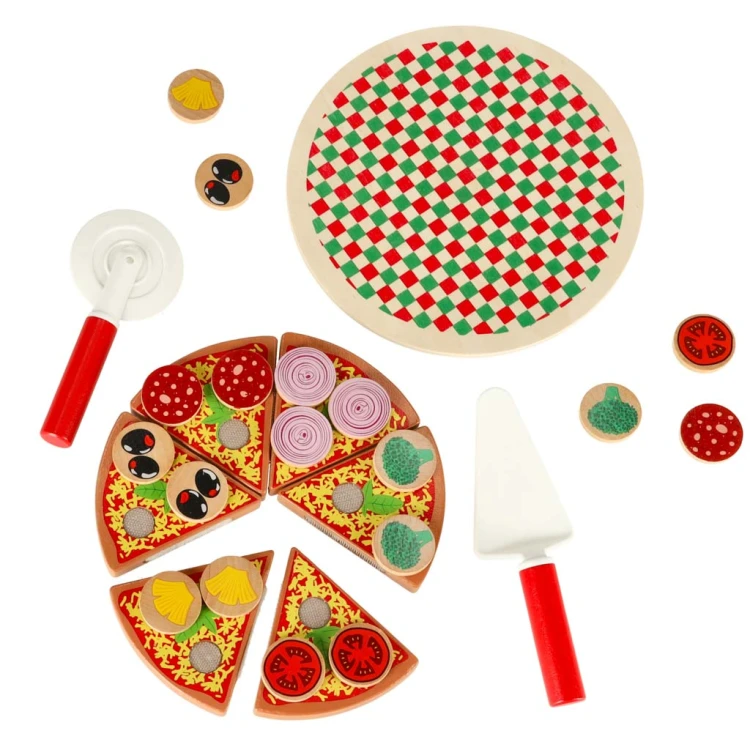 Pizza drewniany zestaw do zabawy na rzep akcesoria łopatka nóż talerz nauka krojenia 20cm