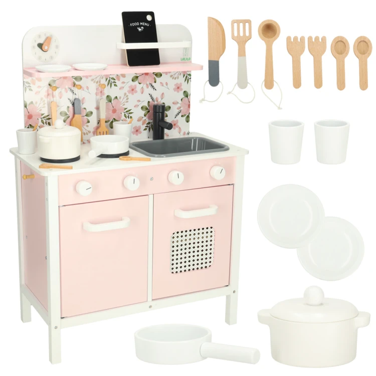 Kuchnia dla dzieci drewniana MDF LULILO FLORA akcesoria różowa 82cm