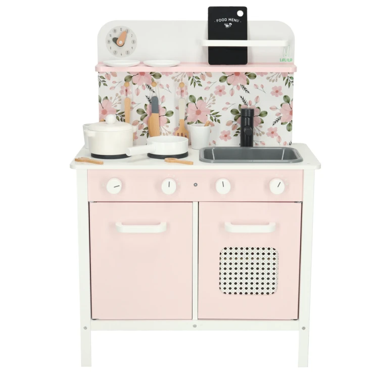 Kuchnia dla dzieci drewniana MDF LULILO FLORA akcesoria różowa 82cm