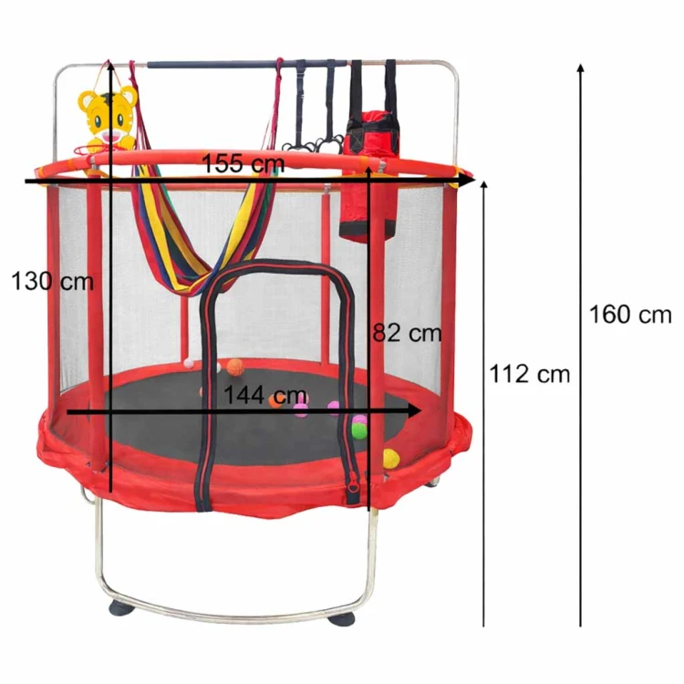 Trampolina dla dzieci ogrodowa siatka piłki koszykówka 155cm czerwona