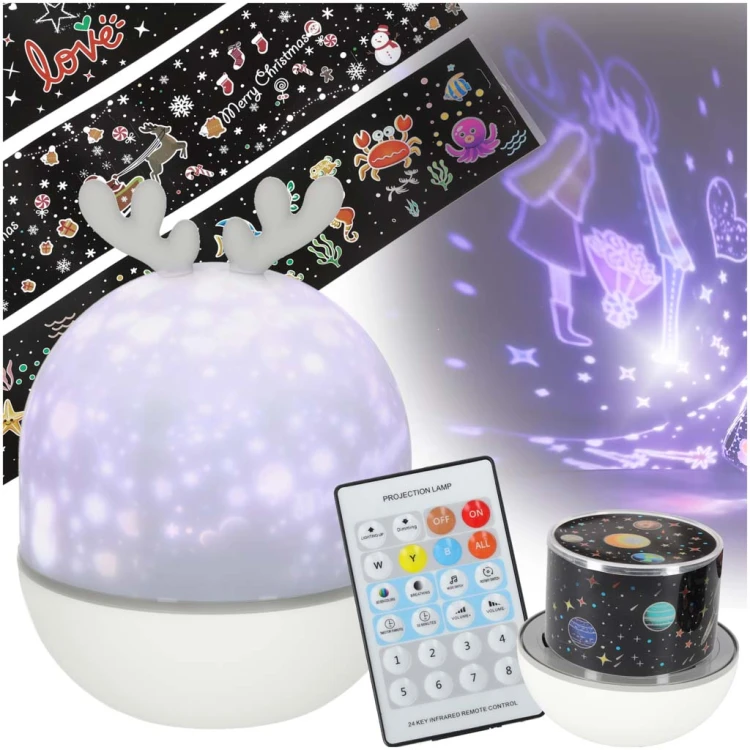 Lampka nocna projektor gwiazd LED USB obrotowy 6 motywów pilot jelonek